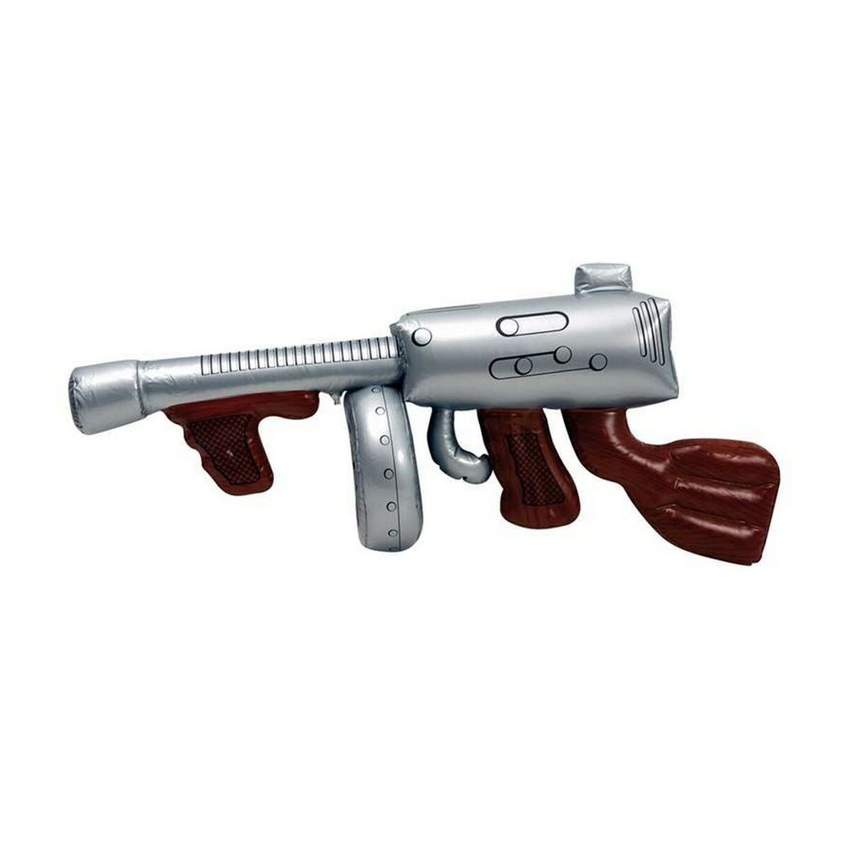 En silverfärgad, upplåsbar leksaksmaskinpistol med bruna, träliknande detaljer på handtaget och kolven.