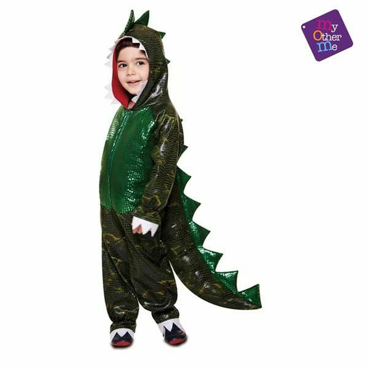 Ett barn i en grön T-Rex-maskeraddräkt med huva och svans.