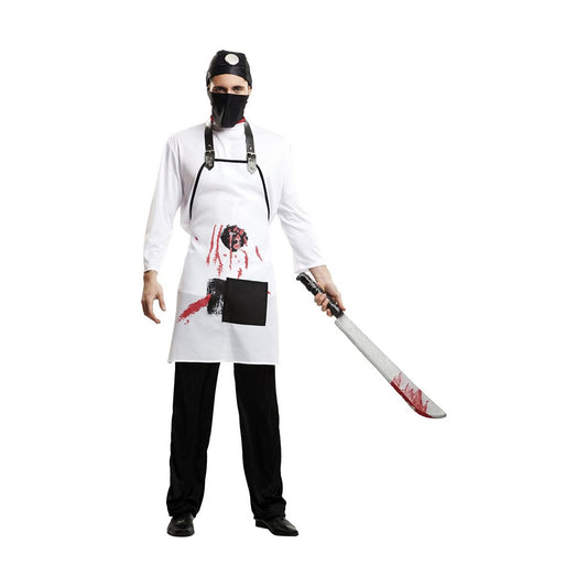 En vuxenperson klädd i en blodig doktor-killer maskeradkostym som består av vit tröja, blodstänkt förkläde, svart mask och mössa, och håller i en stor machete.