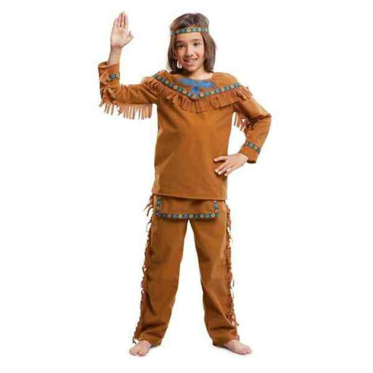 Ett barn poserar glatt i en brun maskeraddräkt i indianstil bestående av skjorta, byxor och pannband, med fransiga detaljer och färgglada dekorationer.