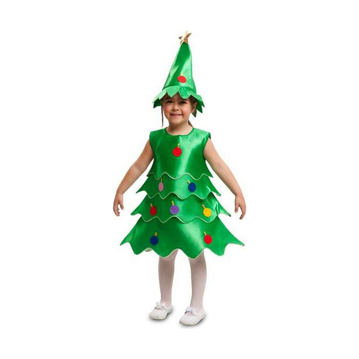 Ett barn bär en grön julgransdräkt med färgglada julgranskulor och en spetsig julgranshatt.