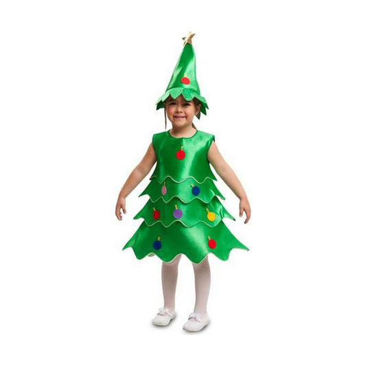 Ett barn bär en grön julgransdräkt med färgglada julgranskulor och en spetsig julgranshatt.