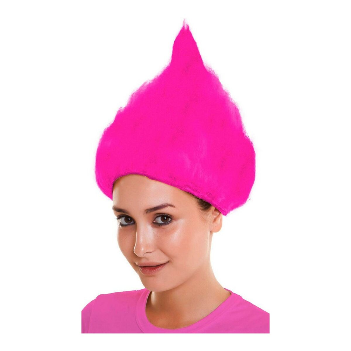 En person som bär en hög och spetsig neonrosa peruk inspirerad av ett troll.
