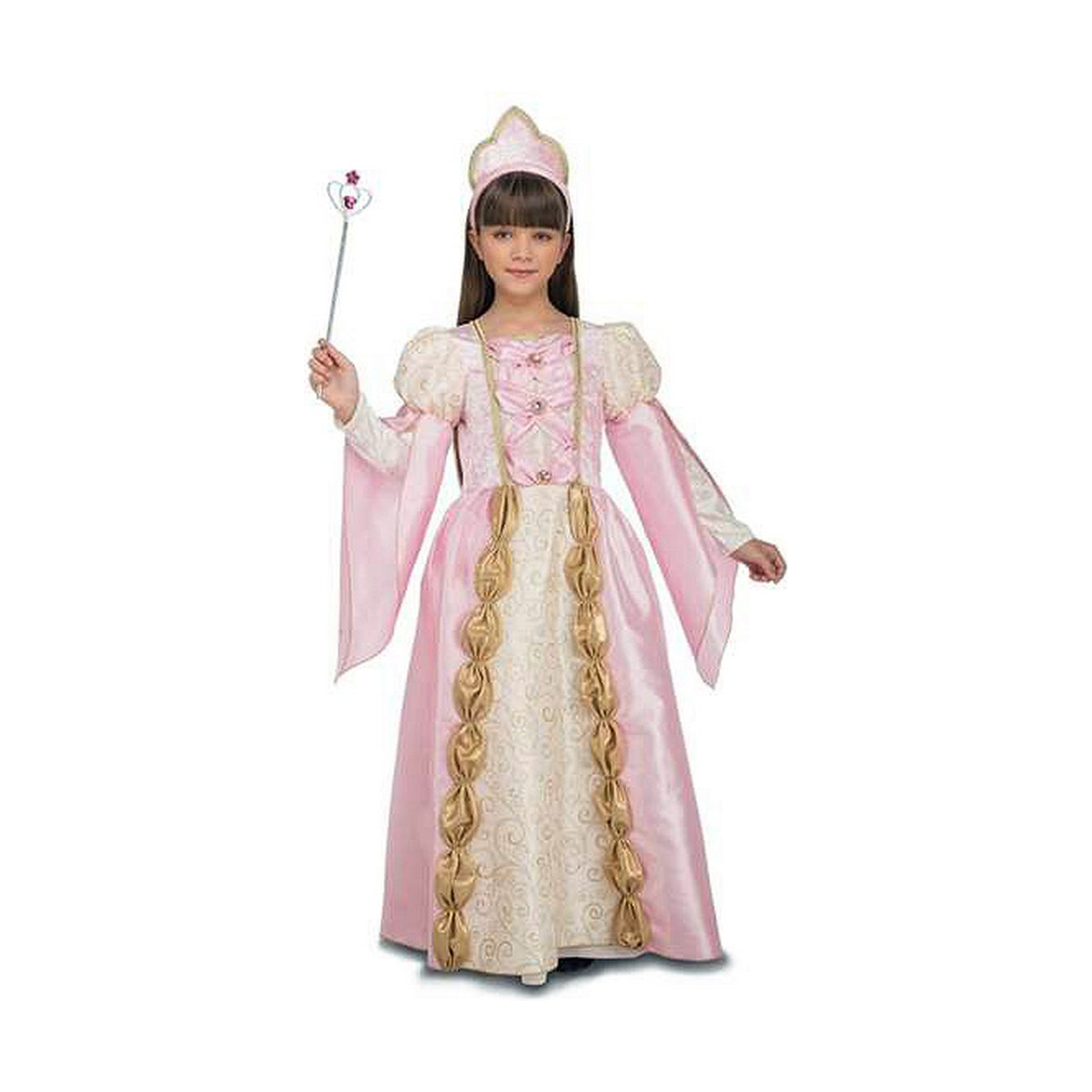 Ett barn i en långärmad rosa och guldfärgad drottningmaskeraddräkt med matchande tiara och en liten trollstav i handen.