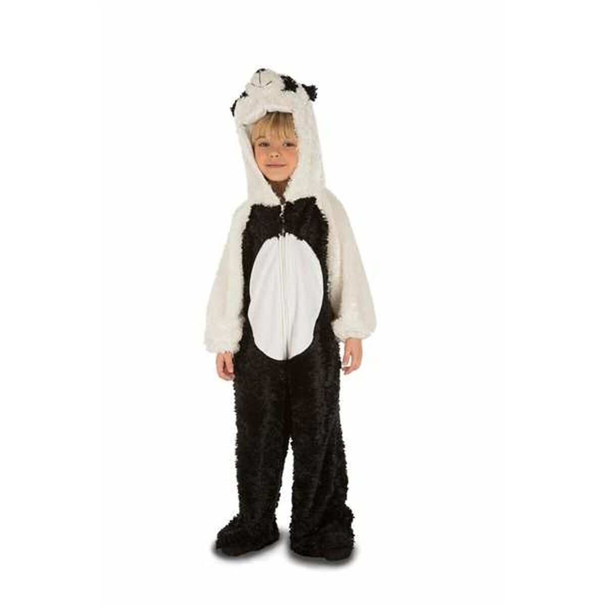 Ett litet barn står klädd i en mjuk, helsvart och vit pandadräkt med huva som har pandans ansikte.