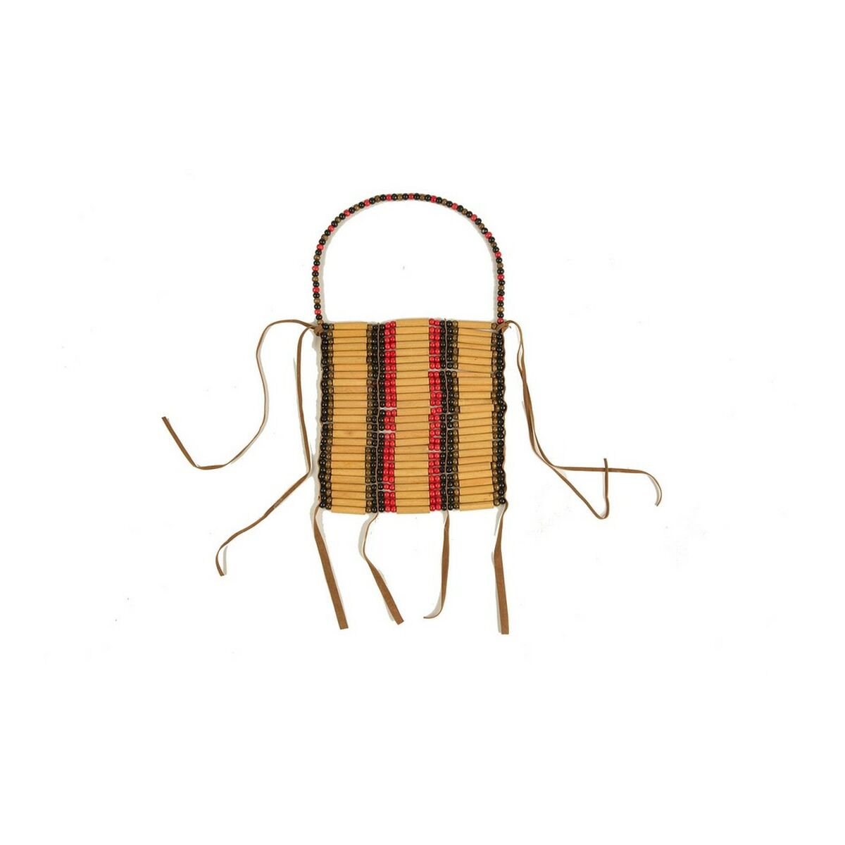 Ett hakförsett bröstskydd eller haklapp för maskeraddräkt i en amerikansk indianstil, gjort av vertikala remsor i beige material prydda med röda och svarta pärlor, med läderremmar för upphängning.