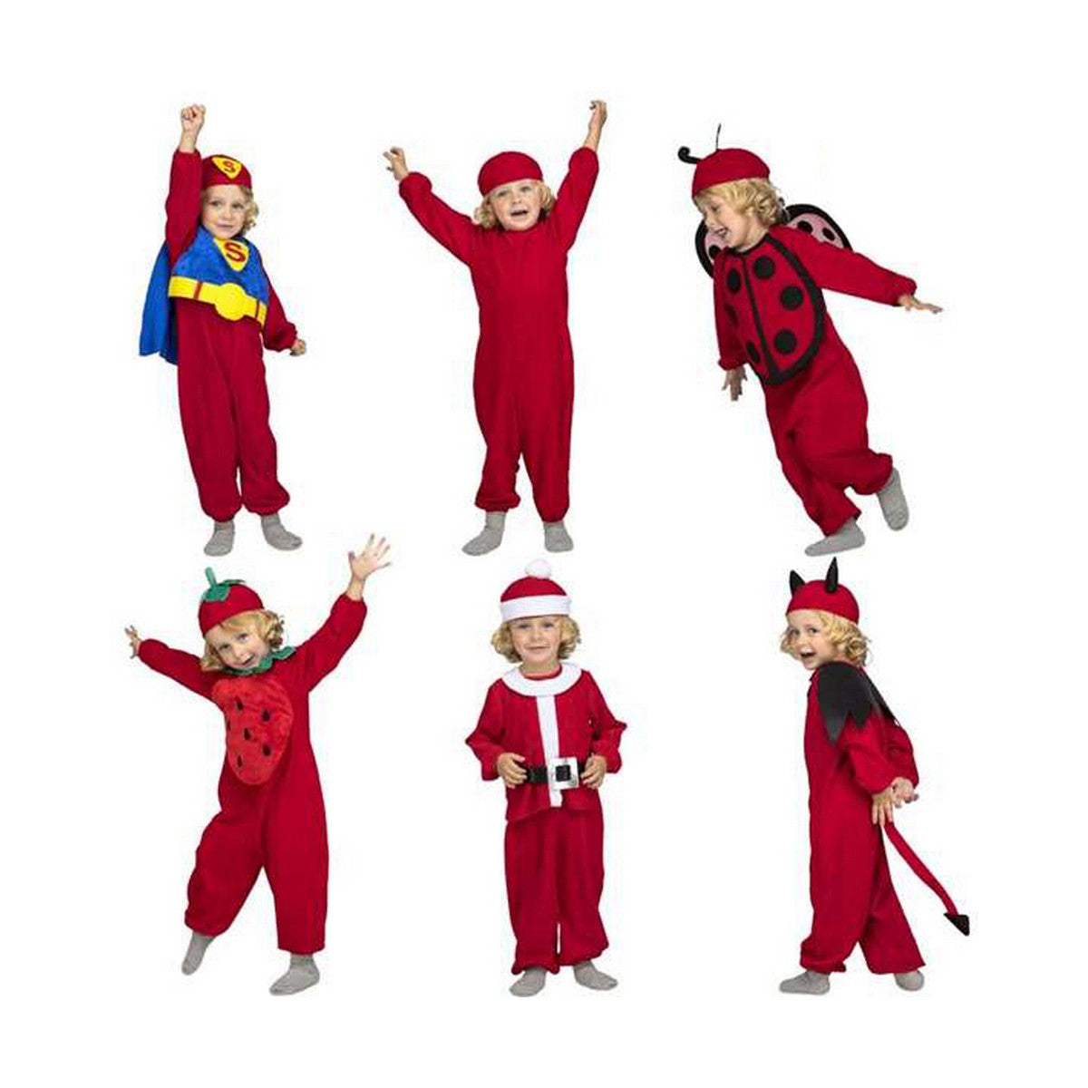 Barn i olika förvandlingsdräkter, inklusive superhjälte, jordgubbe, nyckelpiga och tomte.