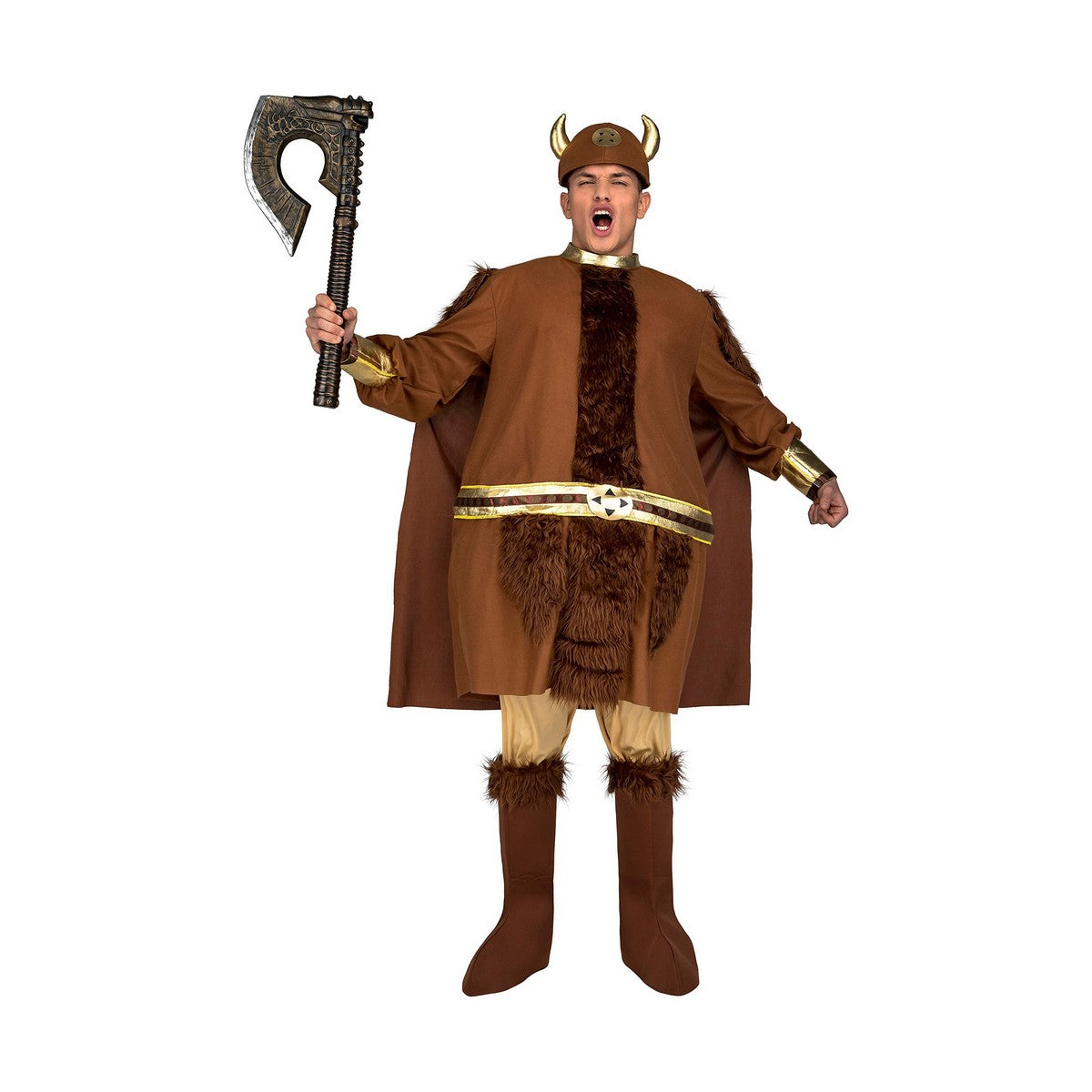 En man klädd i en brun vikingadräkt med pälsdetaljer, hornförsedd hjälm, bälte och håller en stor leksaksyxa i handen.
