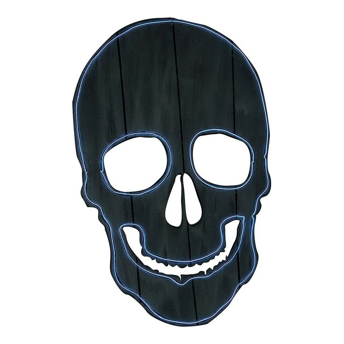 En svart Halloween-dekoration i form av ett dödskallehuvud med en blå neonliknande kontur runt kanterna, ögonhålorna och det leende tandpartiet.