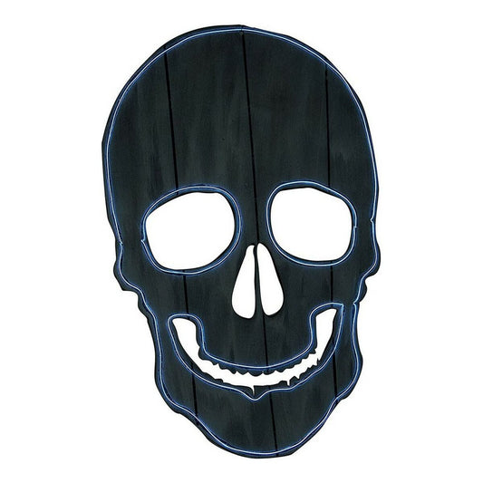En svart Halloween-dekoration i form av ett dödskallehuvud med en blå neonliknande kontur runt kanterna, ögonhålorna och det leende tandpartiet.
