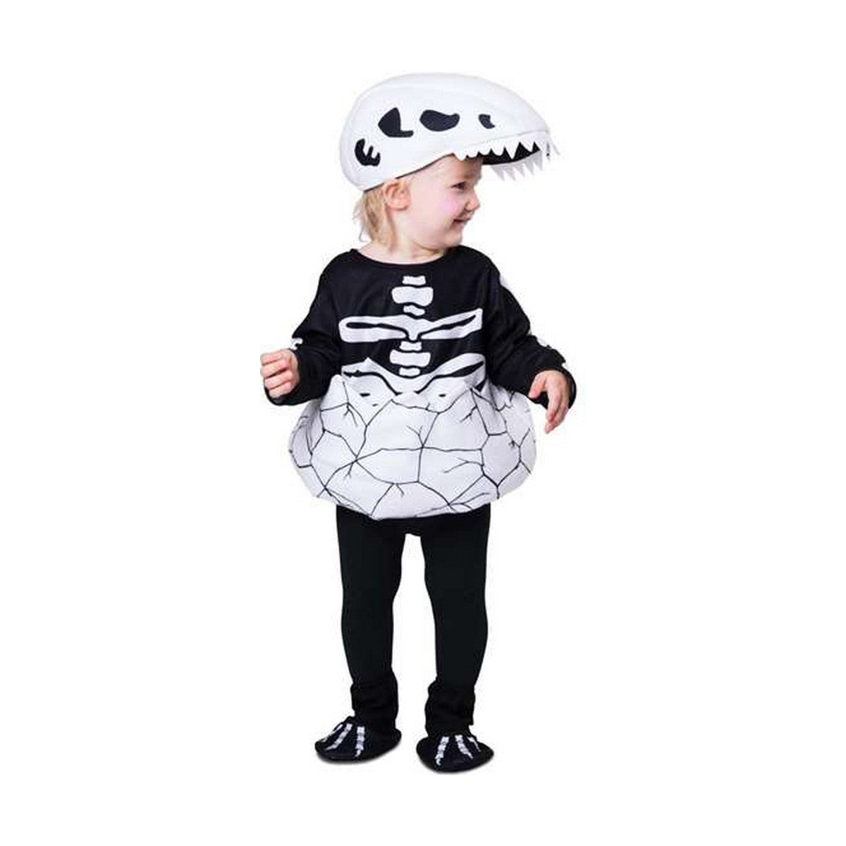 Ett litet barn klätt i en kaxig dinosaurie skelett-dräkt, som ser ut att precis ha kläckts ur ett ägg.