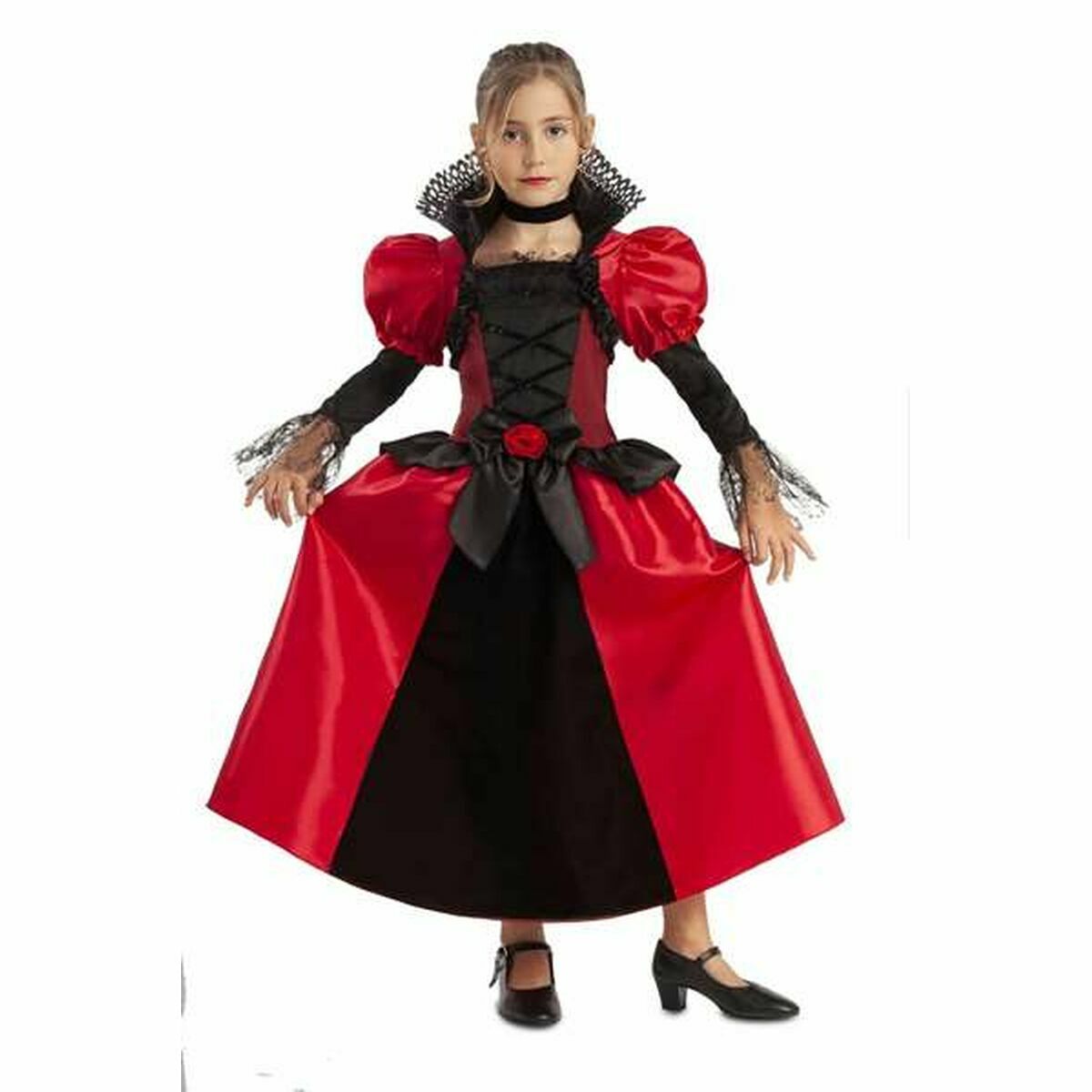 En flicka klädd i en röd och svart gotisk vampyrdräkt för barn.