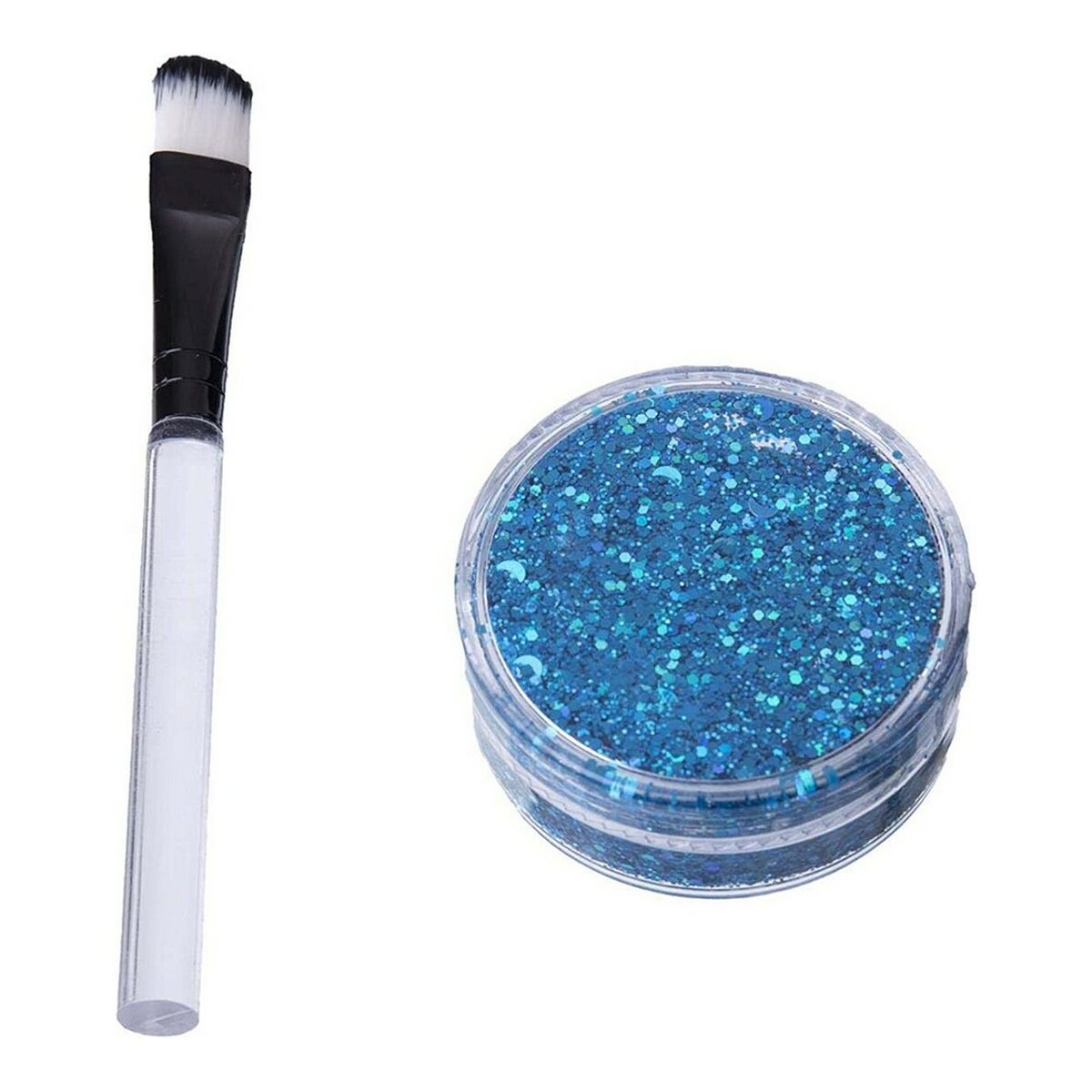 En behållare med intensivt blått glitter bredvid en liten applikationsborste med svart topp och genomskinligt handtag.