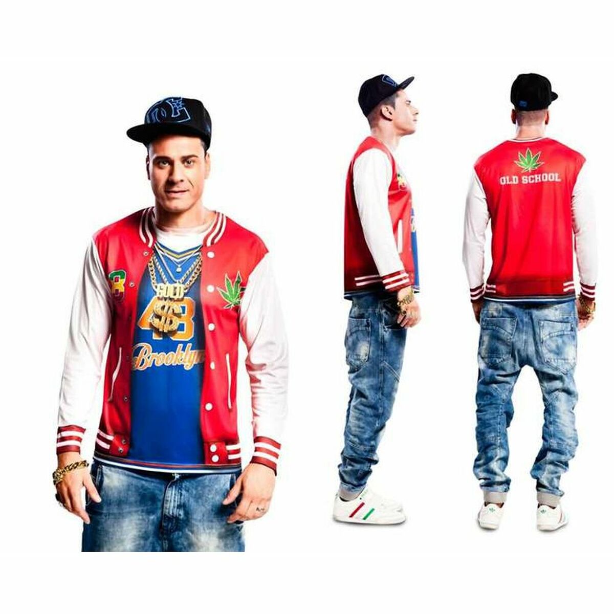 Man iklädd en röd och blå rapper-maskeraddräkt med vita ärmar, keps och stora guldkedjor, sedd från fronten och sidan.