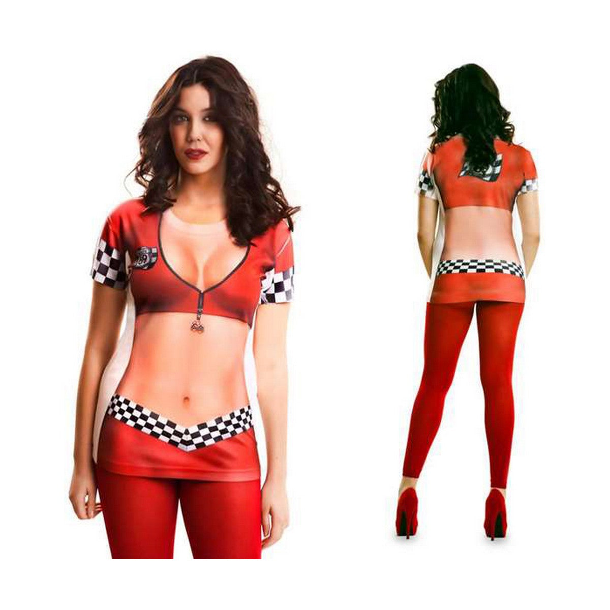 En kvinna i en röd racingdräkt med optisk illusion framifrån och bakifrån, med röda tights.
