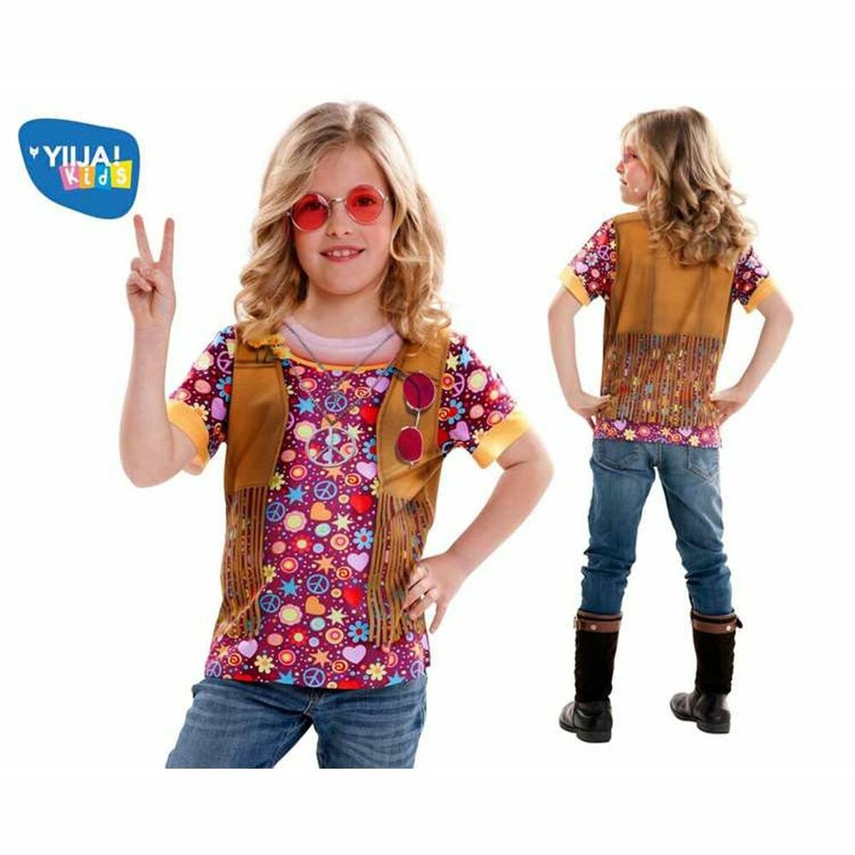 Ett barn i en färgglad hippie-dräkt med peace-tecken och ett brunt västliknande tryck, som gör fredstecknet med handen.