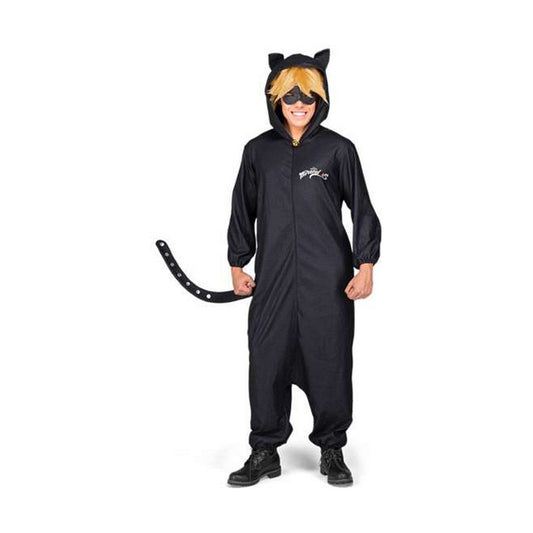 En person iklädd en svart kattmaskeraddräkt med huva, öron och svans.