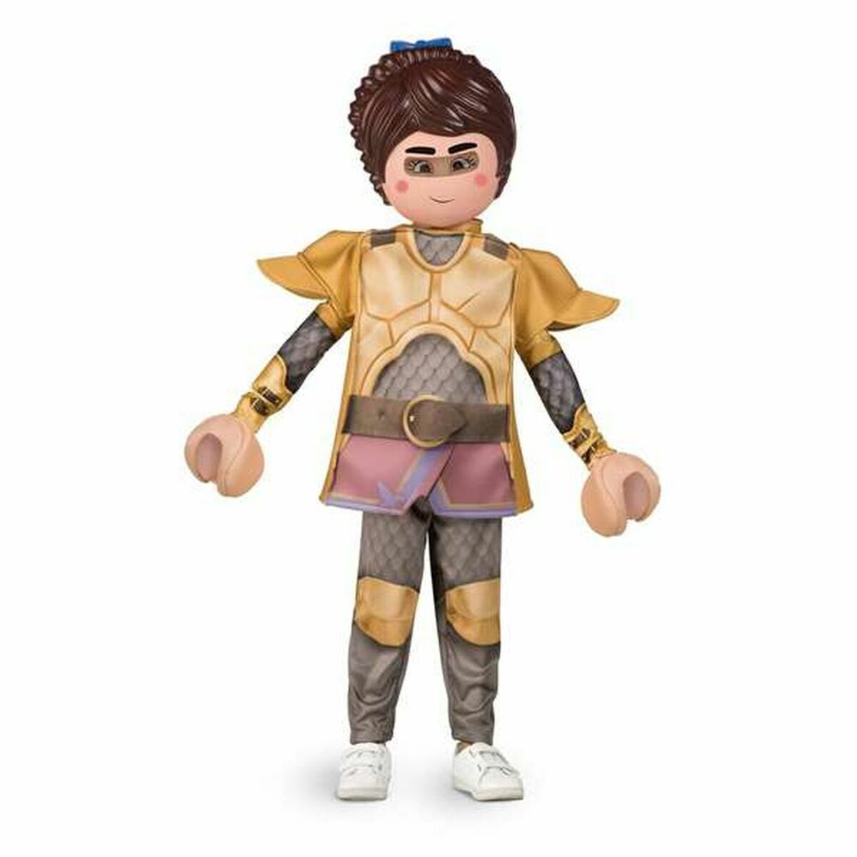 Barnmaskeraddräkt som föreställer karaktären Marla från Playmobil Movie, med brun Peruk, guldfärgad rustning och stora Playmobil-liknande händer.