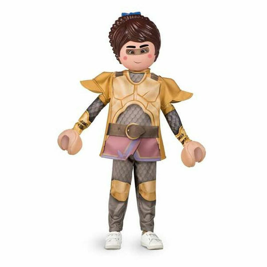 Barnmaskeraddräkt som föreställer karaktären Marla från Playmobil Movie, med brun Peruk, guldfärgad rustning och stora Playmobil-liknande händer.