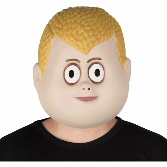 En person bär en helansiktsmask som föreställer karaktären Pugsley Adams, med stora vita ögon och kort, texturerat blont hår.