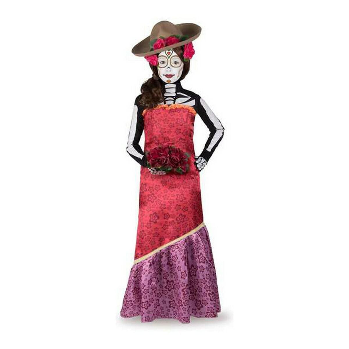 Ett barn i en färgstark maskeraddräkt med skelettmotiv, en röd klänning och en hatt med blommor.