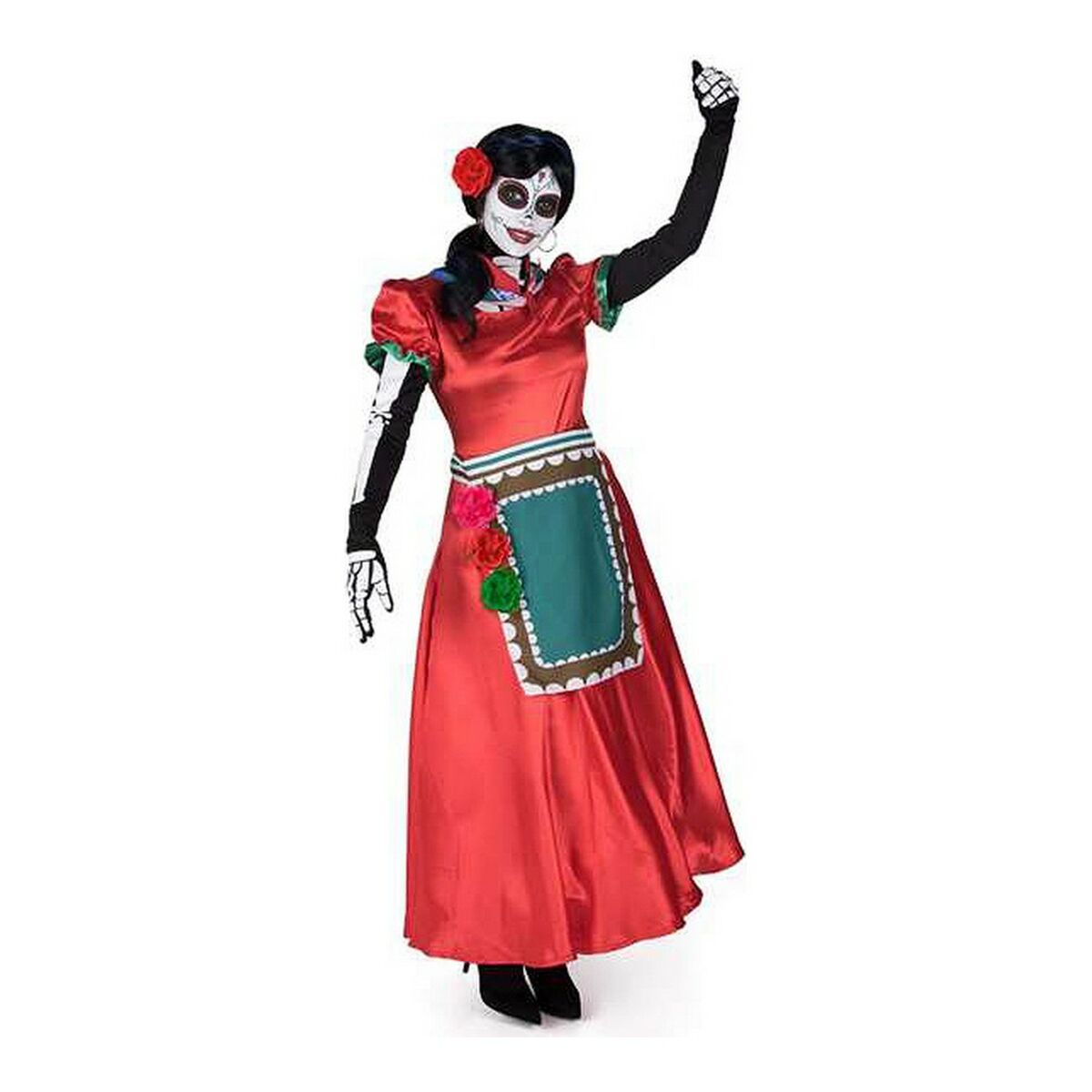 En kvinna i en röd Rosabella-dräkt med förkläde och smink inspirerat av Día de Muertos.
