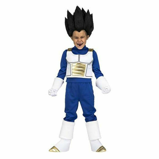 Ett barn i en Episk Vegeta-maskeraddräkt med spikig svart peruk och blå dräkt med rustning.
