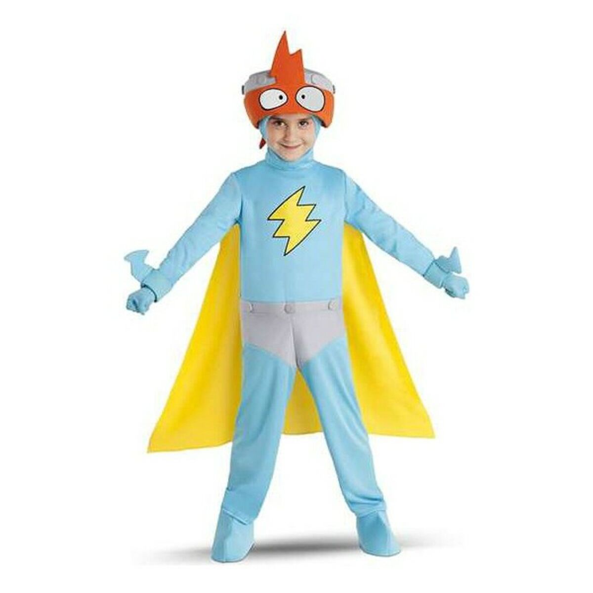 Ett leende barn klädd i en ljusblå Superthings Kid Kazoom maskeraddräkt med gul mantel och en orange hjälm med stora ögon.