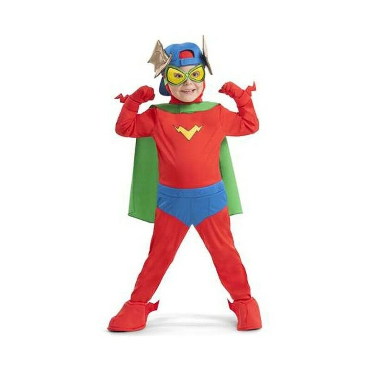 Ett barn klädd i en Superthings Kid Fury-maskeraddräkt som inkluderar en röd dräkt med blå underdel, en grön cape, en blå keps med gula vingar och gula glasögon.