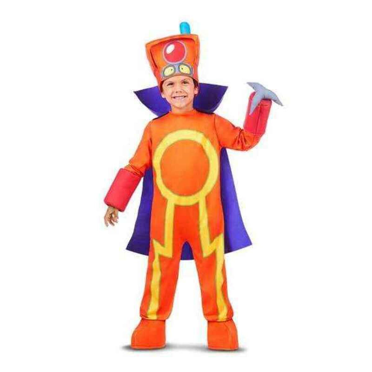 Ett leende barn klädd i en orange och gul Superthings Oculus-maskeraddräkt med en lila cape och matchande hatt.