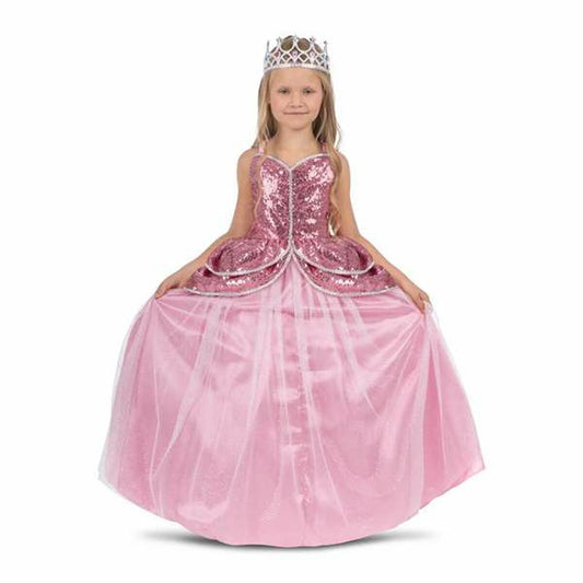 Ett glatt litet barn i en stor, rosa prinsessklänning täckt av paljetter på överdelen och ett silverfärgat diadem på huvudet.