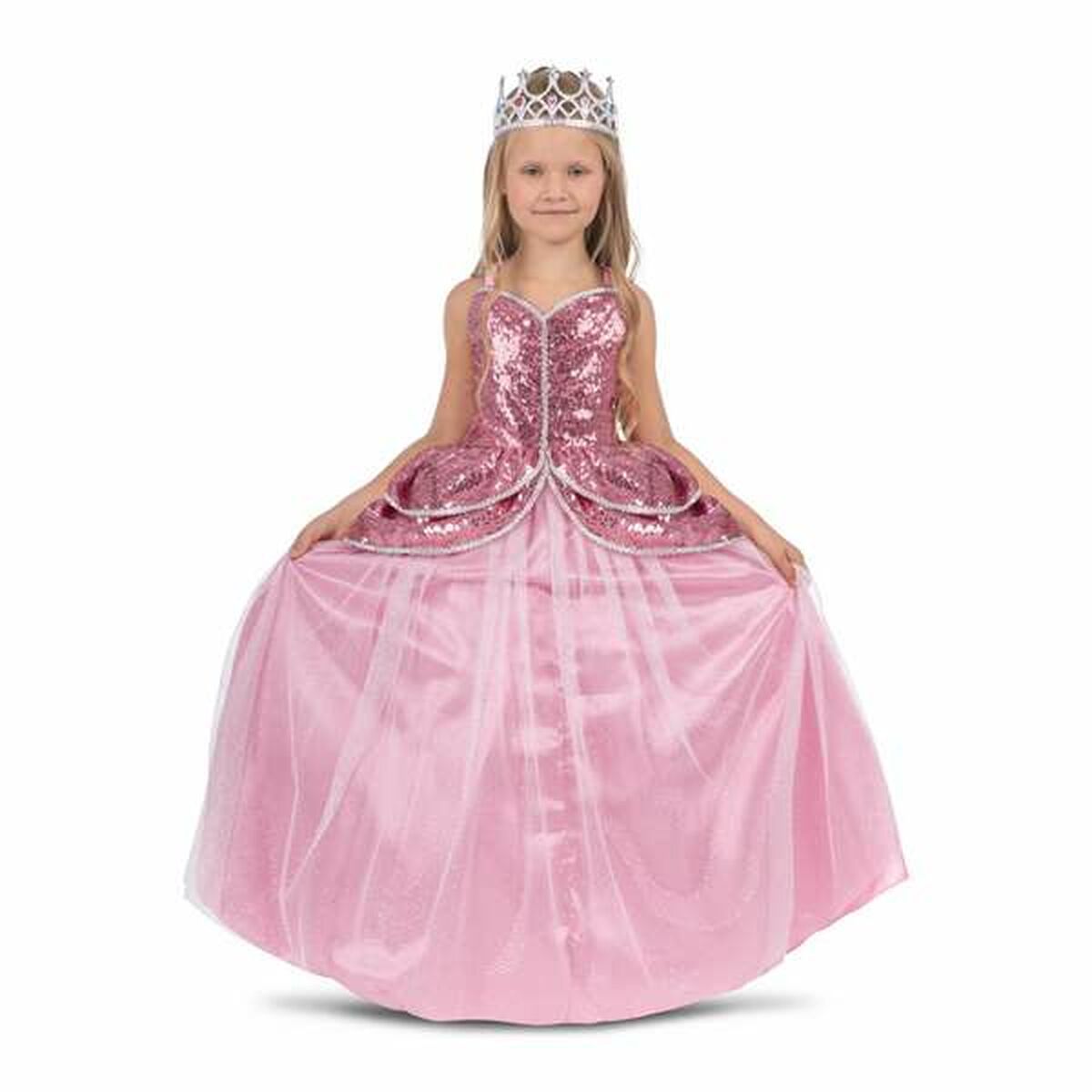 Ett barn i en glänsande rosa prinsessklänning med paljetter på överdelen och ett silverfärgat diadem på huvudet.