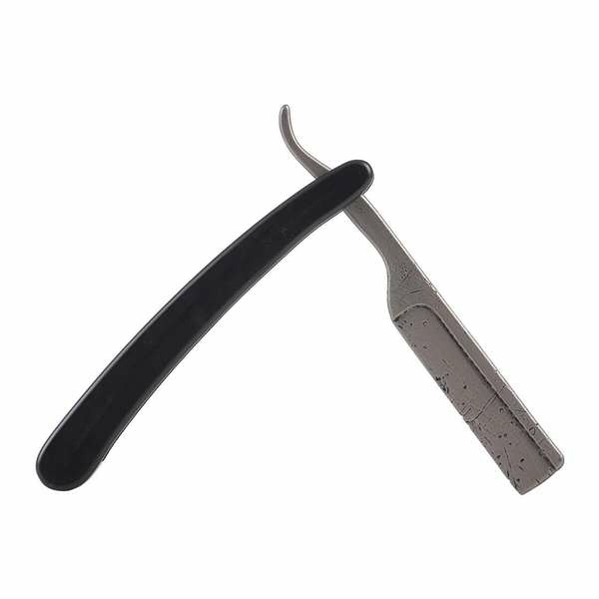 En öppen fejk-rakkniv med svart handtag och ett silverfärgat, slitet blad av plast, perfekt som maskeradaccessoar.