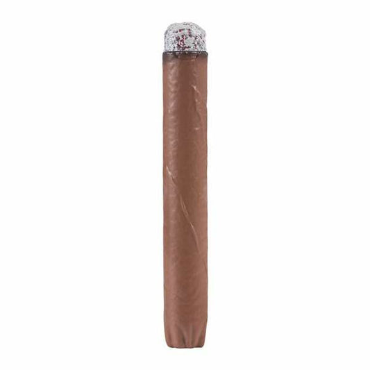 Nærbillede af en oppustelig, brun legetøjs-cigar med et sølvfarvet, krøllet bånd i enden.