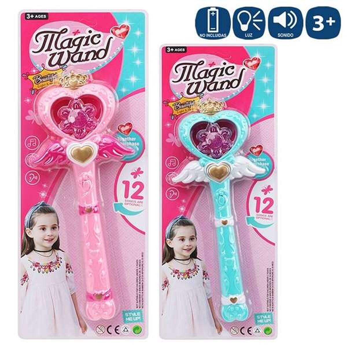 En bild visar en rosa och en turkos magisk trollstav med vingar och en hjärtformad topp, förpackade i sina originalförpackningar med bilder på barn.