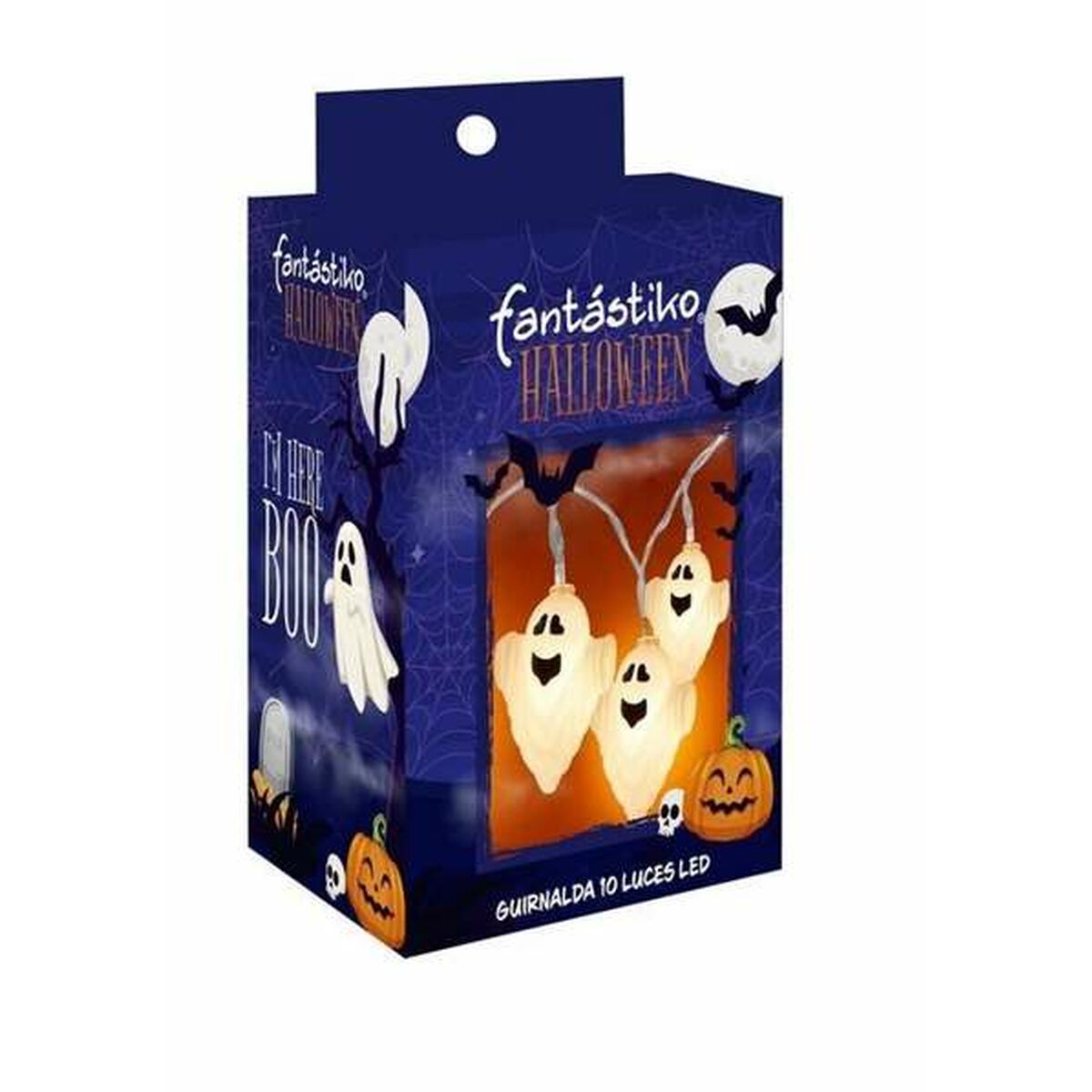 En bild på en produktförpackning för en Halloween-girlang med spökljus.