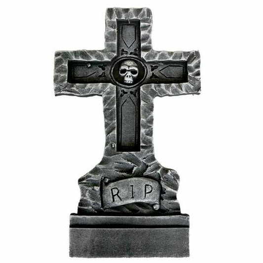 En skräckinjagande gravsten i korsform med en dödskalle i mitten och texten "RIP" på ett band.
