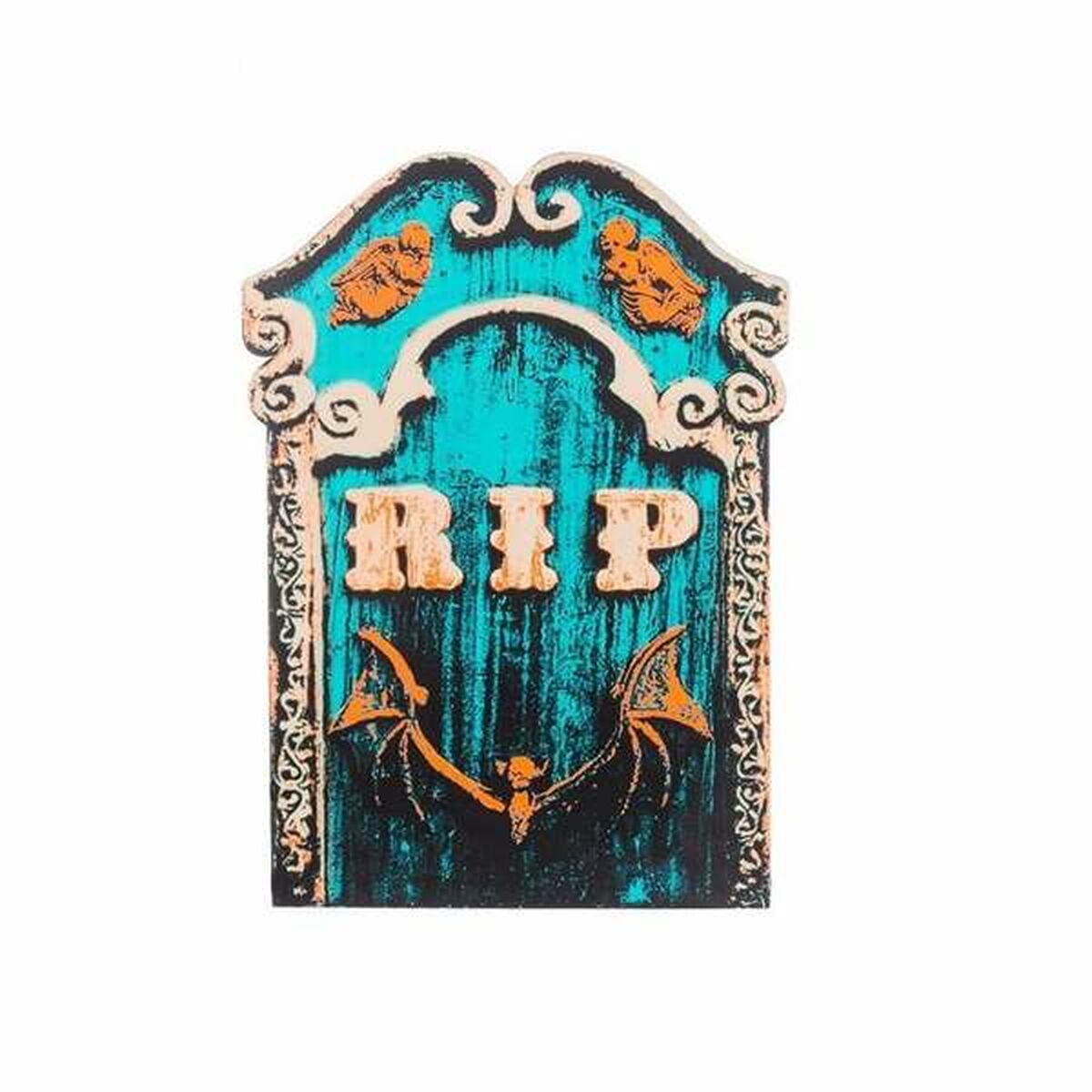 En turkos gravsten med texten R.I.P. och en fladdermus, som lyser i mörkret.