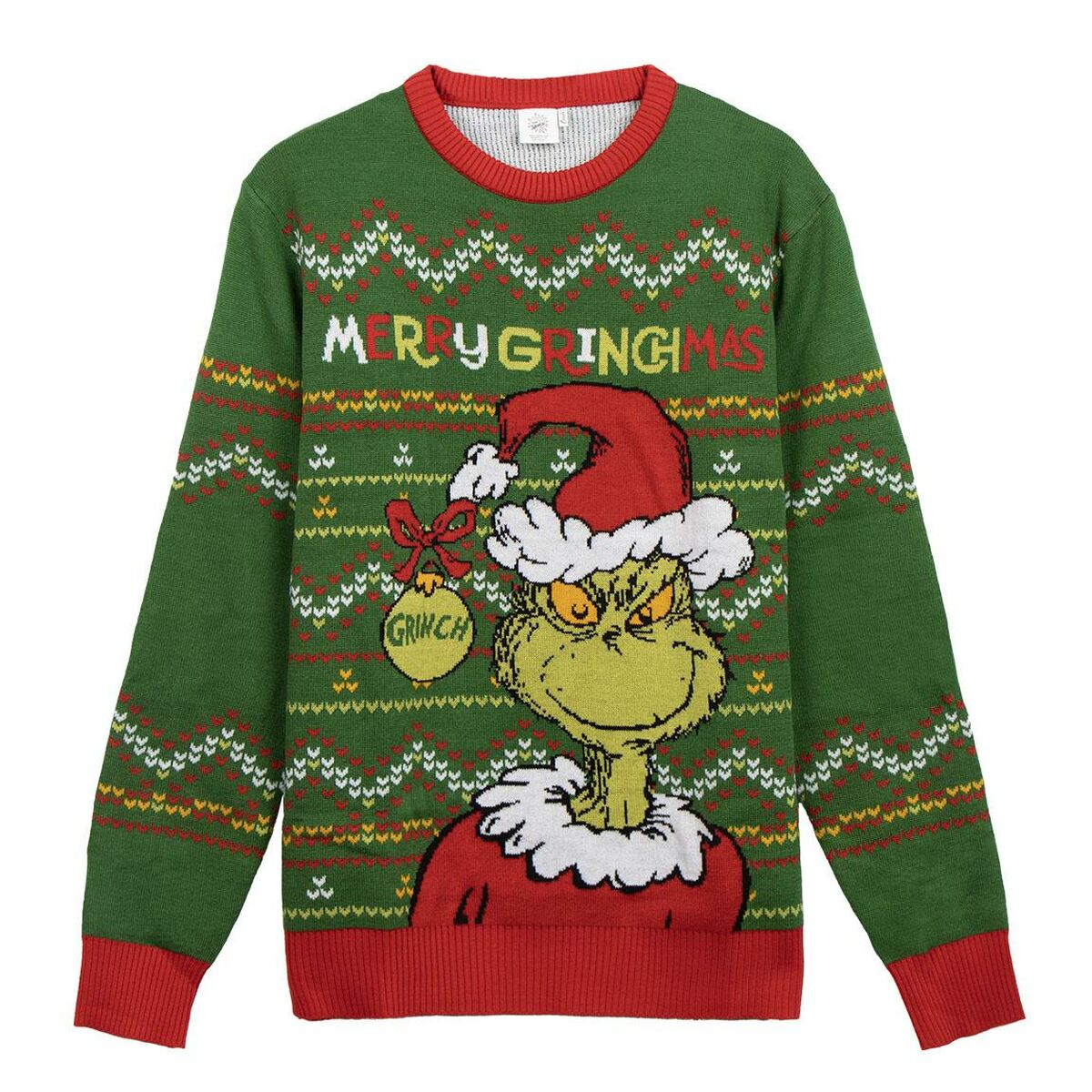 En grön, stickad jultröja med ett stort tryck av Grinchen i en tomteluva som håller en julgranskula med texten 'GRINCH'. Ovanför syns texten 'MERRY GRINCHMAS'.