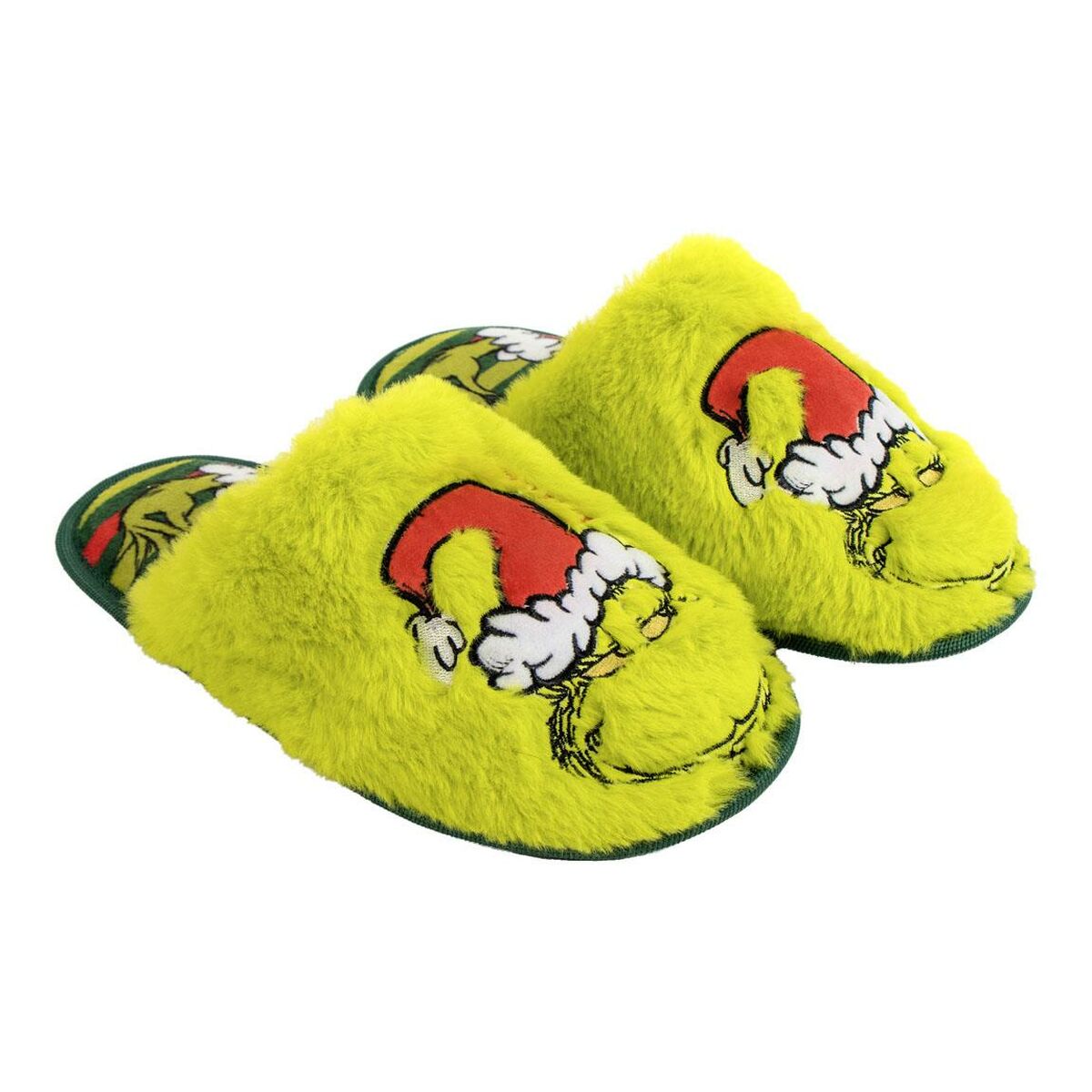 Ett par fluffiga, limegröna unisex hustofflor med Grinchen som har en röd tomteluva på sig broderad på ovansidan.