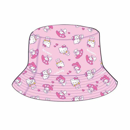 En rosa hinkhatt dekorerad med ett mönster av Hello Kitty och hennes vänner.