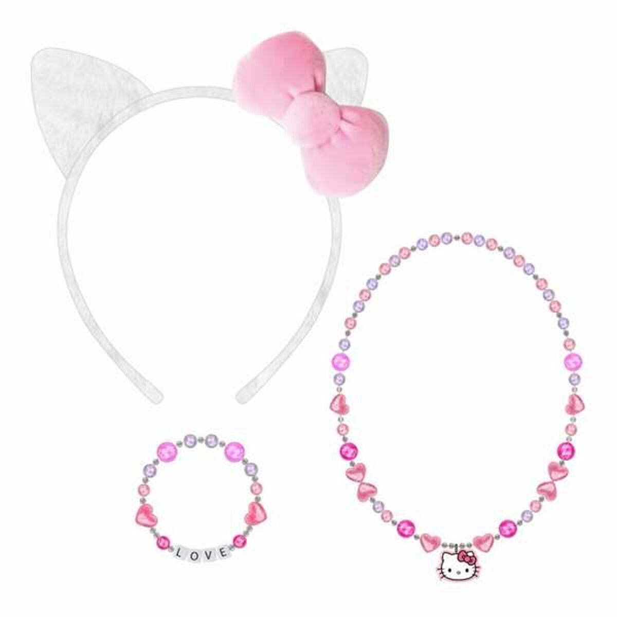 Ett kit med ett vitt diadem med kattöron och rosa rosett, ett pärlhalsband och ett pärlarmband.