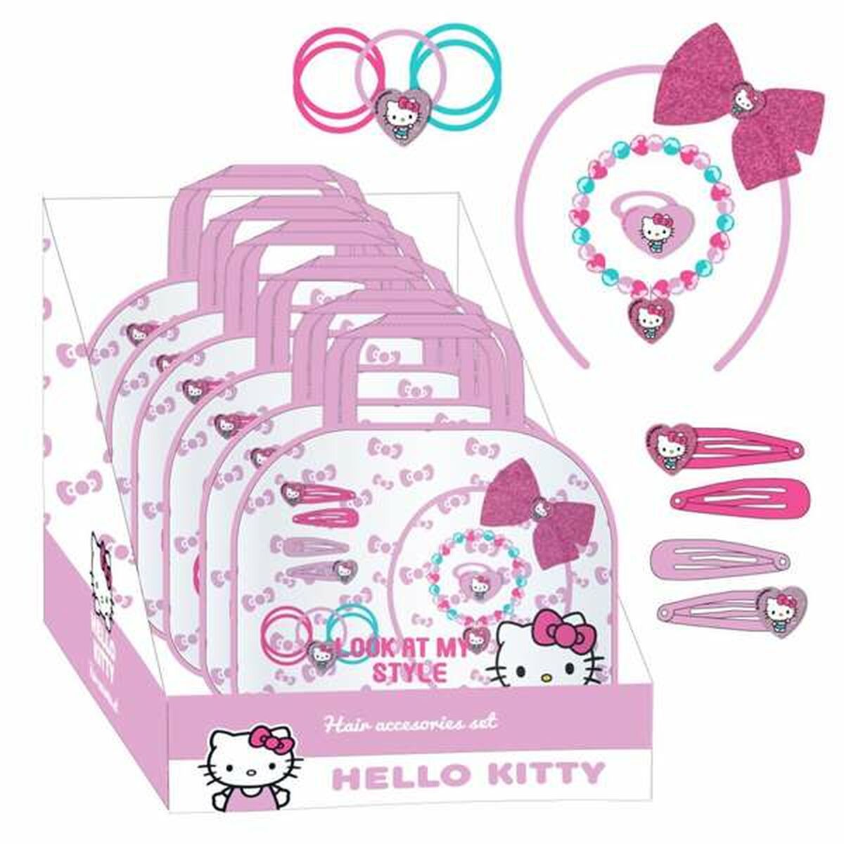 Ett färgglatt Hello Kitty sminkset för barn med håraccessoarer som hårspännen, hårband och elastiska band, allt presenterat i en rosa och vit förpackning med Hello Kitty-motiv.
