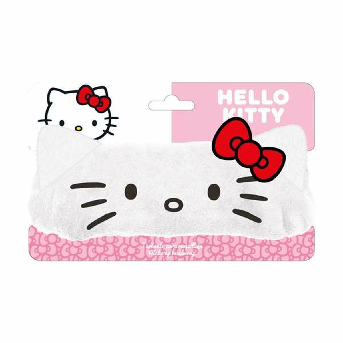 Ett vitt, fluffigt pannband utformat som Hello Kittys ansikte med röda rosett, svarta ögon och morrhår.