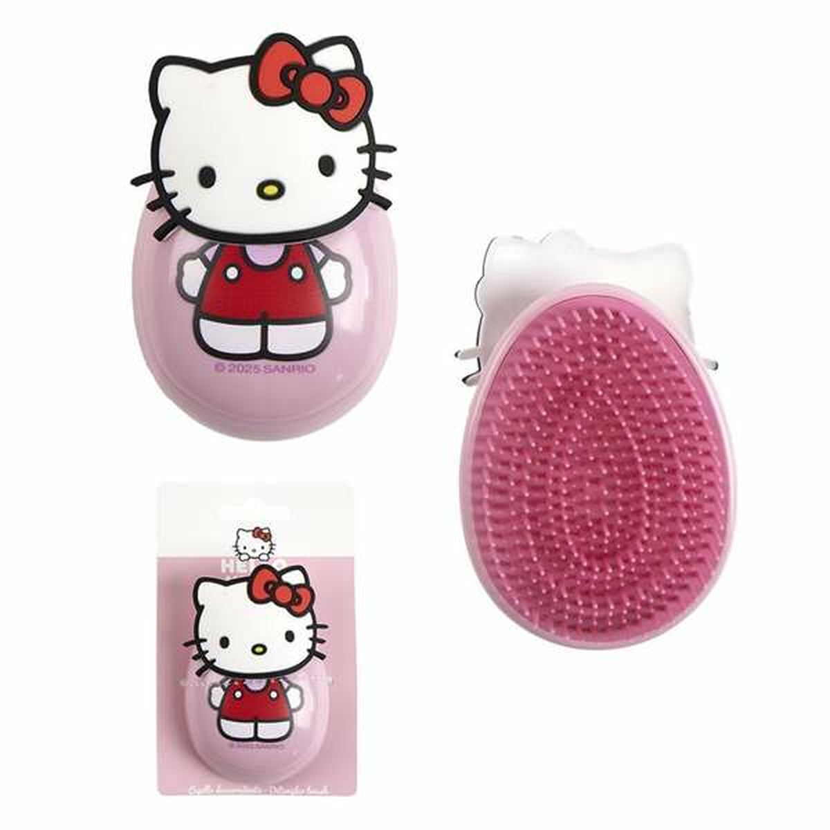 En rosa, kompakt hårborste med ett omslag som visar bilden av Hello Kitty iklädd en röd overall, och baksidan visar de rosa borststiften.