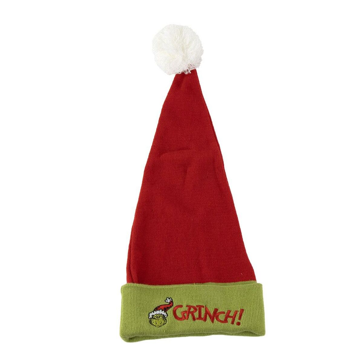 En röd och grön stickad barnkeps i tomteluftstil, med en vit tofs på toppen och en grön mudd där The Grinch och texten "GRINCH!" är broderat.