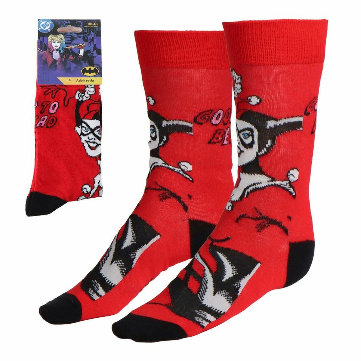 Ett par röda strumpor med motiv av karaktären Harley Quinn och texten Good To Be Bad.