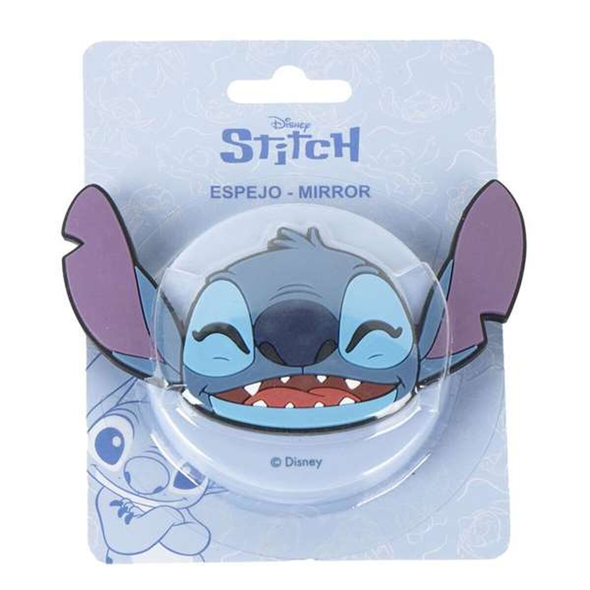 En rund fickspegel formad som en glad Stitch med sina karaktäristiska stora öron.
