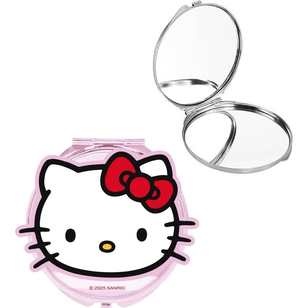 En hopfällbar fickspegel i rosa med Hello Kitty-ansikte och en röd rosett.