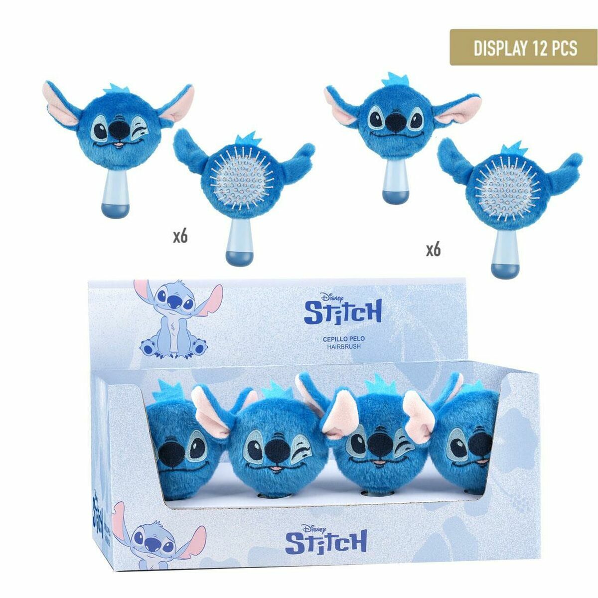 En blå hårborste formad som Disney-karaktären Stitch med plyschöron och ett litet ansikte.
